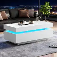 OKWISH Salontafel Met Led Verlichting En 2 Lades Voor Woonkamer Hoogglans Wit Spaanplaat 100×50×35 Cm