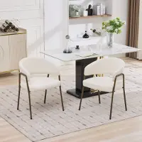 OKWISH Eetkamerstoel Met Armleuningen - Zachte Chenille Bekleding - Ergonomisch Comfort - Stabiele Metalen Poten - Voor Eetkamer Keuken - Beige
