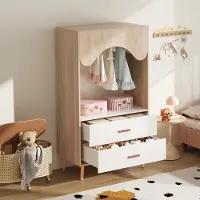 STILVORA Kinderkledingkast - Open Garderobekast Met Roede En 2 Laden - Voor Kinderkamer - MDF - 80x46x141,5 Cm - Wit;Natuurlijk