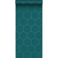 ESTAhome behang hexagon petrolblauw en goud - 53 cm x 10.05 m - 139455
