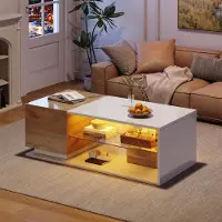 OKWISH Salontafel - Met Ledverlichting En Appbediening - Met Opbergruimte En Glazen Blad - Spaanplaat Wit Eiken - 105x50x36 Cm