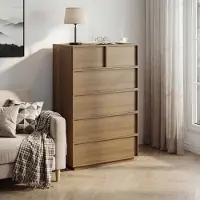OKWISH Ladekast – 6 Greeploze Laden – Opbergmeubel Voor Slaapkamer En Hal – Eikenkleur MDF En Spaanplaat – 80x48x127 cm