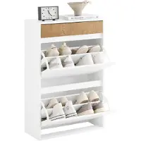 SoBuy FSR205-WN Slanke Schoenenkast met 2 Deuren en Lade - Wit/Eiken - 61x26x91cm