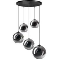 Expo ETH Orb hanglamp 5x E27 smoke/mirror glas 2x20-2x25-30cm / zwart 50cm ronde plaat / kabel 3.5 meter