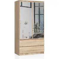 Akord Kledingkast S90 met Spiegel 2 Deuren en 2 Lades / Furniture Factory / Sonoma Eik / 90 x 180 x 51 cm