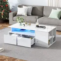 OKWISH Salontafel – Hoogglans Met Ledverlichting – Voor Woonkamer En Thuiswerken – Spaanplaat Wit – 100 X 50 X 35 Cm