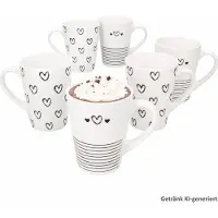 MamboCat 6-delige set CUPID (Hart met streepjesontwerp) koffiemokken zwart-wit harten & strepen van porselein – 24310158