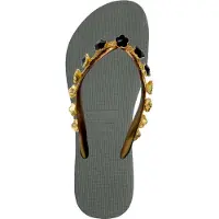 Uzurii Zwarte bloemen teenslippers legergroen