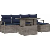 vidaXL Tuinset met 6 zitplaatsen, grijs en marineblauw, van polyrotan