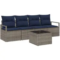 vidaXL Bankset, 5-delig, grijs en blauw, polyrotan, geschikt voor 4 personen