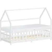 ML-Design Kinderbed huisbed 90x200 cm wit gemaakt van dennenhout incl. matras H-16cm uitvalbeschermend dak en lattenbodem