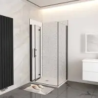 AICA 100x90x185cm douchecabine met inklapbare vouwdeur en vaste zijwand, 6mm helder EasyClean veiligheidsglas,mat zwarte aluminium frame