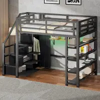 Merax 140x200cm hoogslaper met opbergvakken - kast en kledingkast - LED-verlichting - zwart - zonder matras