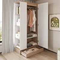 OKWISH Kledingkast – 70×40×170 Cm – 1 Deur Met Legplanken En Laden – Voor Slaapkamer Woonkamer Kantoor – Hout Naturel Wit