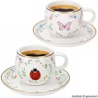 MamboCat 2-delige set FANCY GARDEN lieveheersbeestje & vlinder espressokopjes met schoteltjes van porselein – R1371#FGAR
