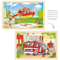 Goki houten puzzel speelgoed helicopter en brandweerauto.