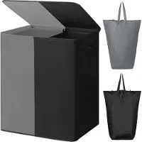 Ren Wasmand 2 Vakken - Wasmand - Wassorteerder - Dubbele Wasmand - Grijs/Zwart - 63cm x 36cm x 68cm