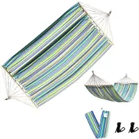 Rijoka Hangmat Large met Spreidstok – 200x140cm – Groen/Blauw/Bruin Gestreept – 1 Persoons – Incl. 2 Haken, Touw én Opbergzak – Jungle