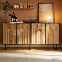 MODFU keukenkast met opbergruimte, vier deuren, gestreept design met acht vakken, geschikt voor de woonkamer, materiaal: spaanplaat, kleur: naturel + zwart