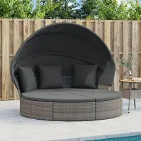 Laura Loungebed met Dak 178x94x143 cm – Outdoor Zonnebed met Voetenbank & Kussens – Grijs Polyrotan –