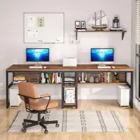 Laura Dubbel Bureau 200x60x75 cm voor 2 Personen – Extra Lang Industrieel Computerbureau met Opbergrek en Boekenkast – Vintage Bruin Zwart – Thuiskantoor Werktafel –