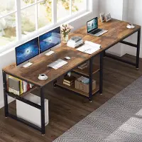 Laura Dubbel Bureau 200x60x75 cm voor 2 Personen – Extra Lang Industrieel Computerbureau met Opbergrek en Boekenkast – Vintage Bruin Zwart – Thuiskantoor Werktafel –