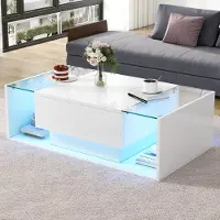 OKWISH Salontafel Met Ledverlichting En 1 Lade Voor Woonkamer Hoogglans Wit Gehard Glas En Spaanplaat 100 X 50 X 31 Cm