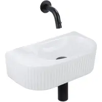 Qeramiq Fuente Fonteinset - 40x21.5x12cm - geribbeld - halfrond - keramiek - fonteinkraan zwart mat - afvoerplug - verlaagd sifon - wit glans SW1522207/SW696205/SW696215/SW1108828