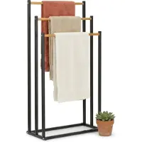 Cheqo Handdoekrek - Handdoekenrek - Handdoekhouder Staand - Vrijstaand voor Badkamer - Bamboe Zwart - Zonder Boren - Handdoekladder voor Keuken - Handdoekstang - Droogrek - Handdoekstandaard