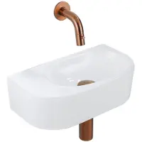 Qeramiq Fuente Fonteinset - 40x21.5x12cm - glad - halfrond - keramiek - fonteinkraan geborsteld koper - afvoerplug - verlaagd sifon - wit glans SW1210762/SW799405/SW799403/SW1108832