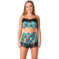 Bellivalini – Damespyjama - Tweedelige Top Met – Bandjes - Pyjama in Satijnen – V-hals – Patroon -Emerald Leaves – S