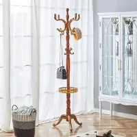 OKWISH Kapstok Staand – 195 Cm – Massief Hout En Metaal – Houtkleur – Met Meerdere Haken Voor Hal En Slaapkamer