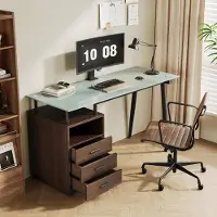 STILVORA Bureau - Met 3 Lades En Open Vak - Voor Kantoor En Thuiswerkplek - Glas MDF Metaal - 130x50x75 Cm - Bruin