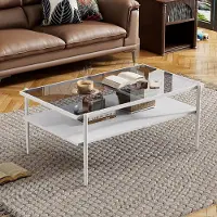 OKWISH Salontafel - Gehard Glas Blad - Moderne Woonkamer Tafel Met Opbergmogelijkheid - MDF Grijs En Wit - 97,5x61,5x45 Cm