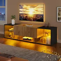 STILVORA TV-kast met 3 niveaus, geschikt voor televisies tot 70 inch, TV-standaard met opbergplatform van glas en 2 lades, voor woonkamer of slaapkamer, zwart