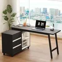 MODFU Hoekbureau – Met 3 Laden & 2 Open Vakken – Ruim Werkblad 150 x 50 cm – Modern Design voor Kantoor of Studie – MDF en Metaal – Zwart/Wit – 150 x 100 x 76 cm