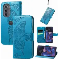 Mobigear Telefoonhoesje geschikt voor Motorola Edge (2022) Hoesje | Butterfly Bookcase Portemonnee | Pasjeshouder voor 3 Pasjes | Telefoonhoesje voor Pinpas / OV Kaart / Rijbewijs - Blauw