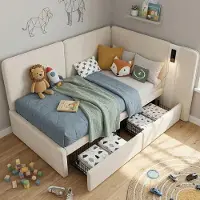 OKWISH Gestoffeerd 90x200 cm - Daybed Met USB En Type C, Leeslamp En 2 Laden - Fluweel - Beige - Zonder Matras