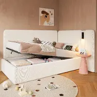 OKWISH Daybed 90x200 cm - Met Hydraulische Opbergruimte, USB C En Leeslamp - Zonder Matras - Bouclé - Beige