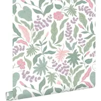 ESTAhome behang bladeren en bloemen paars, roze en groen - 50 x 900 cm - 131049
