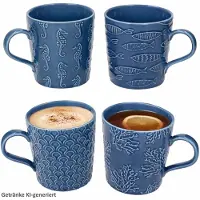 MamboCat 4-delige set SEA LIFE koffiemokken donkerblauw, elk met 1x vis, koraal, schubben en zeepaardje van porselein – R2962#SELI