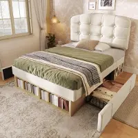 MODFU Eenpersoonsbed 90x200 cm – Verstelbaar hoofdbord & opbergruimte – Gebogen ontwerp – Fluweel – Beige