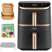 Cosori XXL Airfryer Turbo Tower Pro - met 100 stuks bakpapier - Keramische coating - 10.8 liter inhoud - 2 manden apart in te stellen - 7 programma's