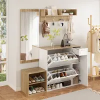 Sweiko Schoenenkast - Halmeubelset - Met zitten - Wandkapstok - Inclusief spiegel - Houtlook - Naturel + Wit