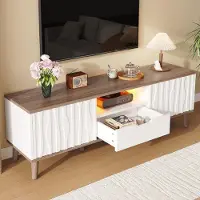 MODFU - TV-Meubel - RGB-Verlichting En Schuifdeuren - Modern - Voor Woonkamer - MDF En Spaanplaat - Wit En Donker Walnoot - 160 x 40 x 52 cm