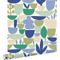 ESTAhome behang aardewerk en planten blauw en groen - 50 x 900 cm - 131076