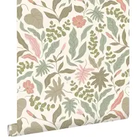 ESTAhome behang bladeren en bloemen vergrijsd groen en roze - 50 x 900 cm - 131050