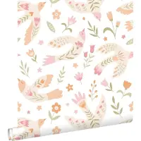 ESTAhome behang bloemen en vogels wit, roze en oranje - 50 x 900 cm - 131758