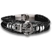 Victorious Leren Armband Heren – RVS Roestvrij Staal – Anker - Zwart/Zilverkleurig – 20cm