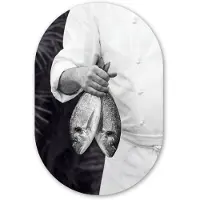 MuchoWow Muurovaal 40x60 cm - Ovale wanddecoratie Vissen - Chef - Zwart - Wit - Ovalen schilderij - Muurdecoratie woonkamer - Kamer decoratie - Schilderijen - Wandcirkel